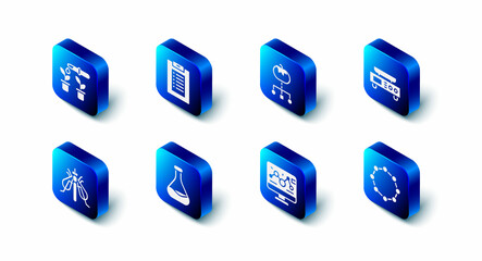 Set Clinical record, Genetically modified food, Electronic scales, Chemical formula, engineering modification, Test tube and flask, Experimental insect and Pipette plant icon. Vector