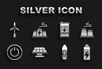 Set Solar energy panel, Factory, Battery, Light bulb, Power button, Bio fuel barrel, Wind turbine and station plant factory icon. Vector
