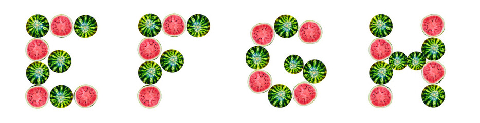 Letters E, F, G, H made from sliced watermelon