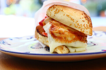 Traditional delicious sandwich, called as Kumru in Turkish, snack with rich ingredients. Special sesame bread sandwich.