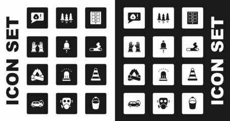 Set Evacuation plan, Ringing alarm bell, Firefighter gloves, Telephone call 911, Cigarette, Forest, Traffic cone and Campfire icon. Vector