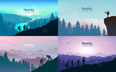 Man watches nature, climbing to top, friends going hike, support of friends. Landscapes set. Travel concept of discovering, exploring, observing nature. Hiking. Adventure tourism. Vector illustration - obrazy, fototapety, plakaty