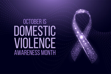 Domestic Violence Awareness Month concept.  Banner template with glowing low poly purple ribbon. Futuristic modern abstract background. Vector illustration.