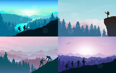 Cercles muraux Violet Man watches nature, climbing to top, friends going hike, support of friends. Landscapes set. Travel concept of discovering, exploring, observing nature. Hiking. Adventure tourism. Illustrations set