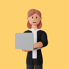 3d rendering smiling woman character with laptop