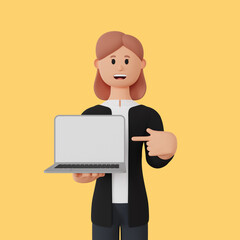 3d rendering smiling woman character pointing up laptop.