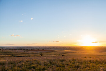Sunset with sun on horizon over grassy farm paddock with clear sky
