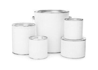 Set of different paint cans on white background. Mockup for design