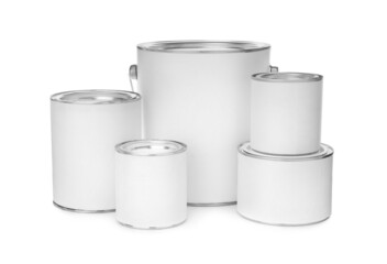 Set of different paint cans on white background. Mockup for design