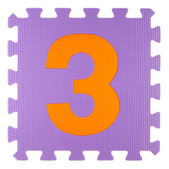 Fragment of a yoga mat made of polyurethane foam with the number 3, isolated on a white background,...