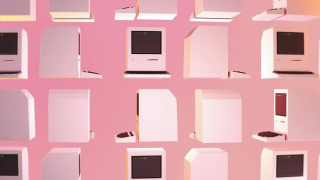 Vintage technology computers are floating in the pink background. 3D Vintage tech items are slowly spinning in the virtual background. Vintage tech objects in the digital background. Graphics.