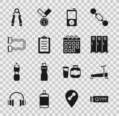 Set Location gym, Treadmill machine, Locker or changing room, Music player, Sport training program, Chest expander, and Calendar fitness icon. Vector