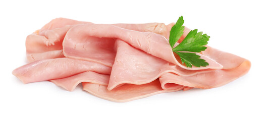 Slices of delicious ham with parsley on white background
