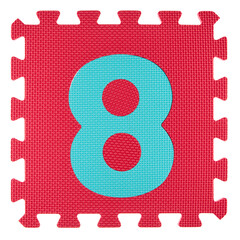 Fragment of a yoga mat made of polyurethane foam with the number 8, isolated on a white background, Concept: sports in everyday life. - 451823261