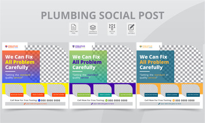 Elegant Plumber Social Media Post Attractive Templates. Professional plumbing services square banner layouts template with geometric shapes for social media posts and web internet ads.