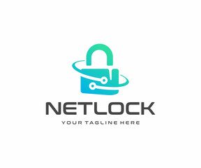 Cybersecurity and information technology logo design. Data protection and privacy information management system vector design. Internet technology and padlock with circuit logotype