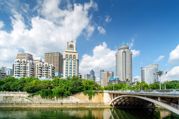 Modern tall buildings and bridge, Guiyang city landscape, China.