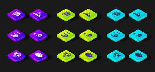 Set Stacks paper money cash, Piggy bank, Hourglass with dollar, Hand giving, Gold bars and Chalkboard diagram icon. Vector