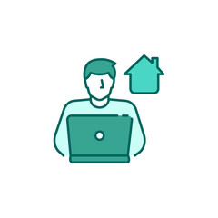 Freelancer man works on laptop color line icon. Remote work. Quarantine period.