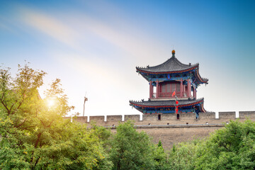 Fototapeta na wymiar Ancient city walls in Xi'an, China, landscape at dusk.