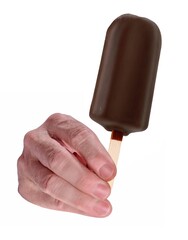 Hand hold a dark chocolate popcicle ice cream on white background.