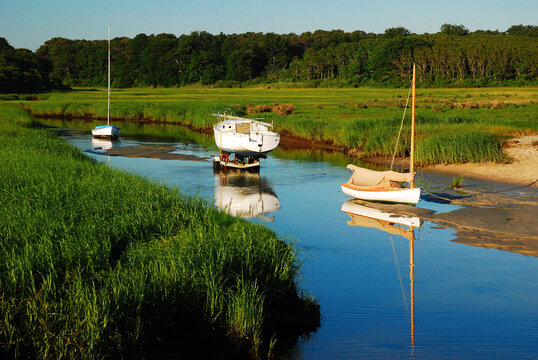Several boats appear stranded in a creek at low tide