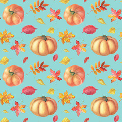 Watercolor red pumpkin and autumn leaves on light blue backgrownd