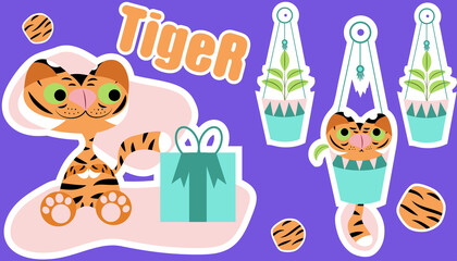 tiger flowers gift season stickers happy play emotions text striped orange black white