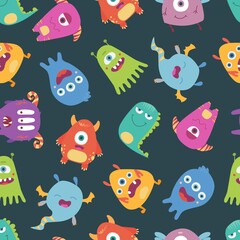 Colorful, bright vector seamless pattern with funny monsters, freaks on a white background.