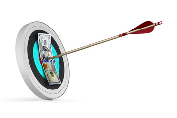 Bullseye with dart and dollars on white background. Isolated 3D illustration
