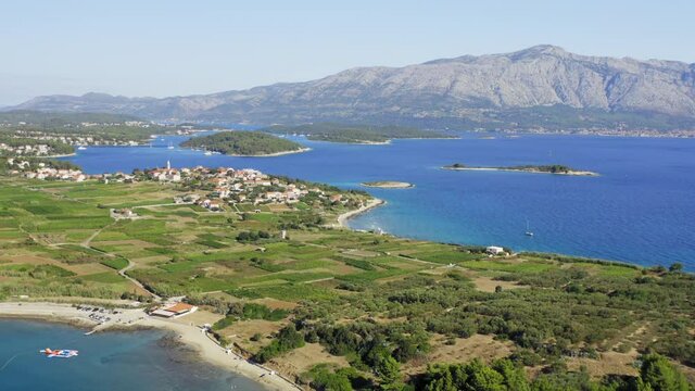 Aerial view of the beaches and fields near Lumbarda town on Korčula Island, Adriatic Sea in Croatia
