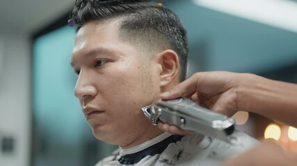 Close-up asia youth people culture new career job. Attractive mature man client face, comb hair on head, trendy short hair at night shop, beauty school academy or store owner elegance style startup.