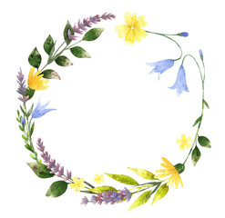 Obraz premium Watercolor wreath with wild wildflowers in rustic chic. Delicate wreath with lupines, bells and wild herbs. Suitable for cards, invitations and decorating your celebration 