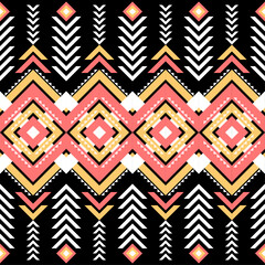 Ethnic pattern on. Black background, vector seamless pattern with yellow, pink, and white. Traditional geometric pattern design. Textile abstract pattern