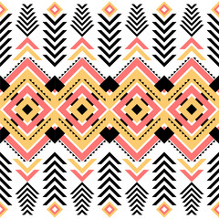 Ethnic pattern on white background, vector seamless pattern with yellow, pink, and black. Traditional geometric pattern design. Textile abstract pattern