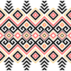 Ethnic pattern on white background, vector seamless pattern with yellow, pink, and black. Traditional geometric pattern design. Textile abstract pattern