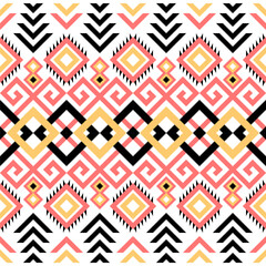 Ethnic pattern on white background, vector seamless pattern with yellow, pink, and black. Traditional geometric pattern design. Textile abstract pattern