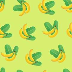 Bananas and banana leaves seamless pattern. Two bananas and two green leaves on a light green background. Vector pattern.