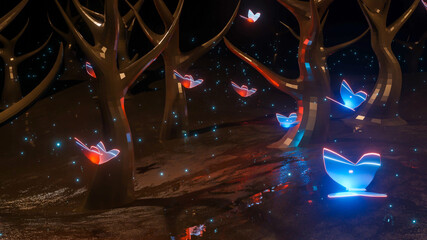 butterflies glowing with red and blue light fly through a dark scary forest with old tree trunks. 3d render illustration