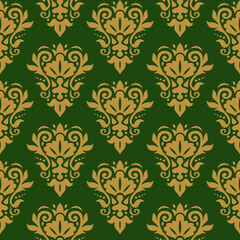 Obraz premium Damask seamless pattern. Decorative wallpaper. Damask trendy ornament. Gold ornament on a dark green background. Vector texture. 
