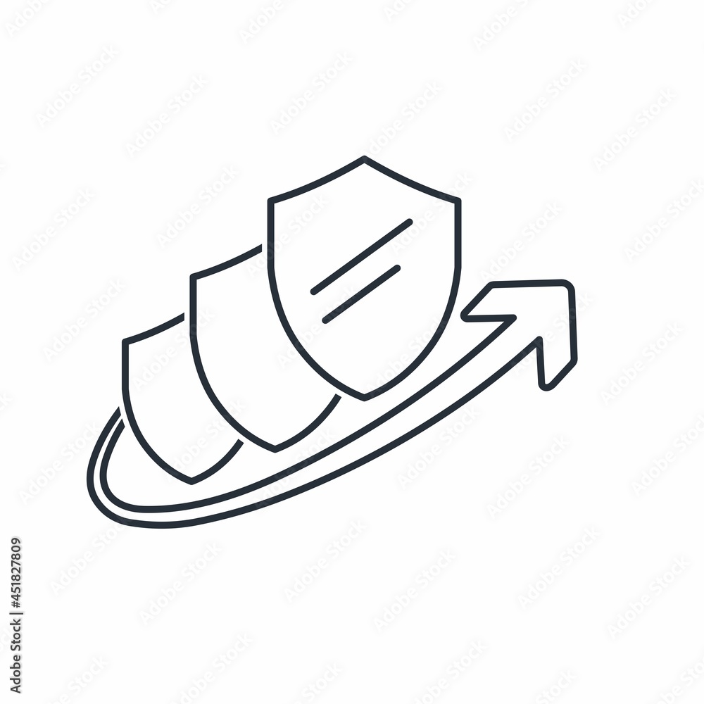 Poster three shields and an up arrow. increasing the level, quality of protection. vector linear icon isola