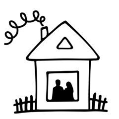 A lovely doodle home with a silhouette of couple in the window. A Family House icon. Sweet home. Isolated on a white background. Hand drawn vector illustration for card, logo, icon, sticker, design.