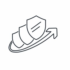 Three shields and an up arrow. Increasing the level, quality of protection. Vector linear icon isolated on white background.