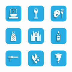 Set Milan Cathedral, Olives branch, Slice of pizza, Bottle olive oil, Pasta spaghetti, Grater, Paint brush with palette and Fountain icon. Vector