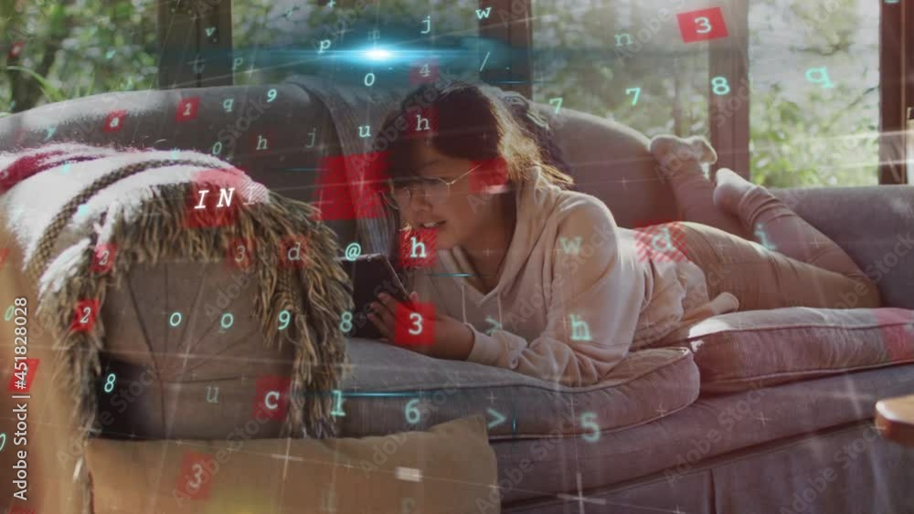 Poster animation of internet text and data processing over woman using smartphone at home