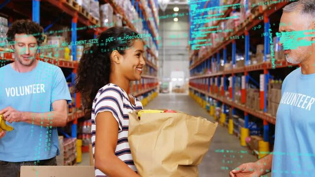 Animation of data processing over diverse people working in warehouse