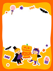 かぼちゃを運ぶこどもたちのハロウィンフレーム（縦長）