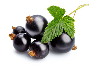 Berries black currant with green leaf. Fresh fruit, isolated on white background.