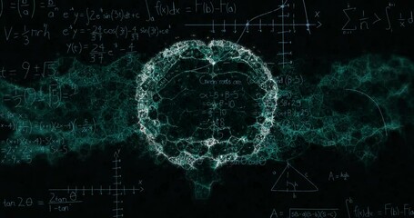 Animation of mathematical equations over digital model of human brain on black background - Powered by Adobe