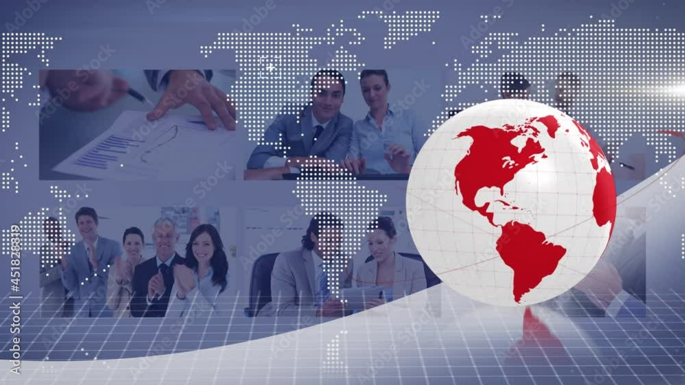 Poster animation of globe with connections and world map over business meeting